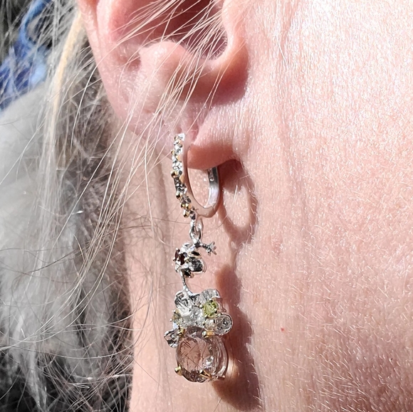Stunning Rutilated Quartz Peridot Ruby& Sapphire Floral chandelier earrings - Picture 4 of 13